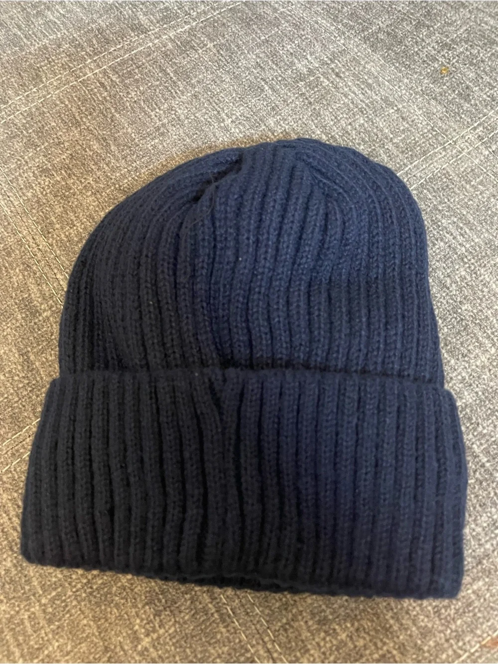 Men's Navy Ribbed Cuffed Beanie with Leather Patch